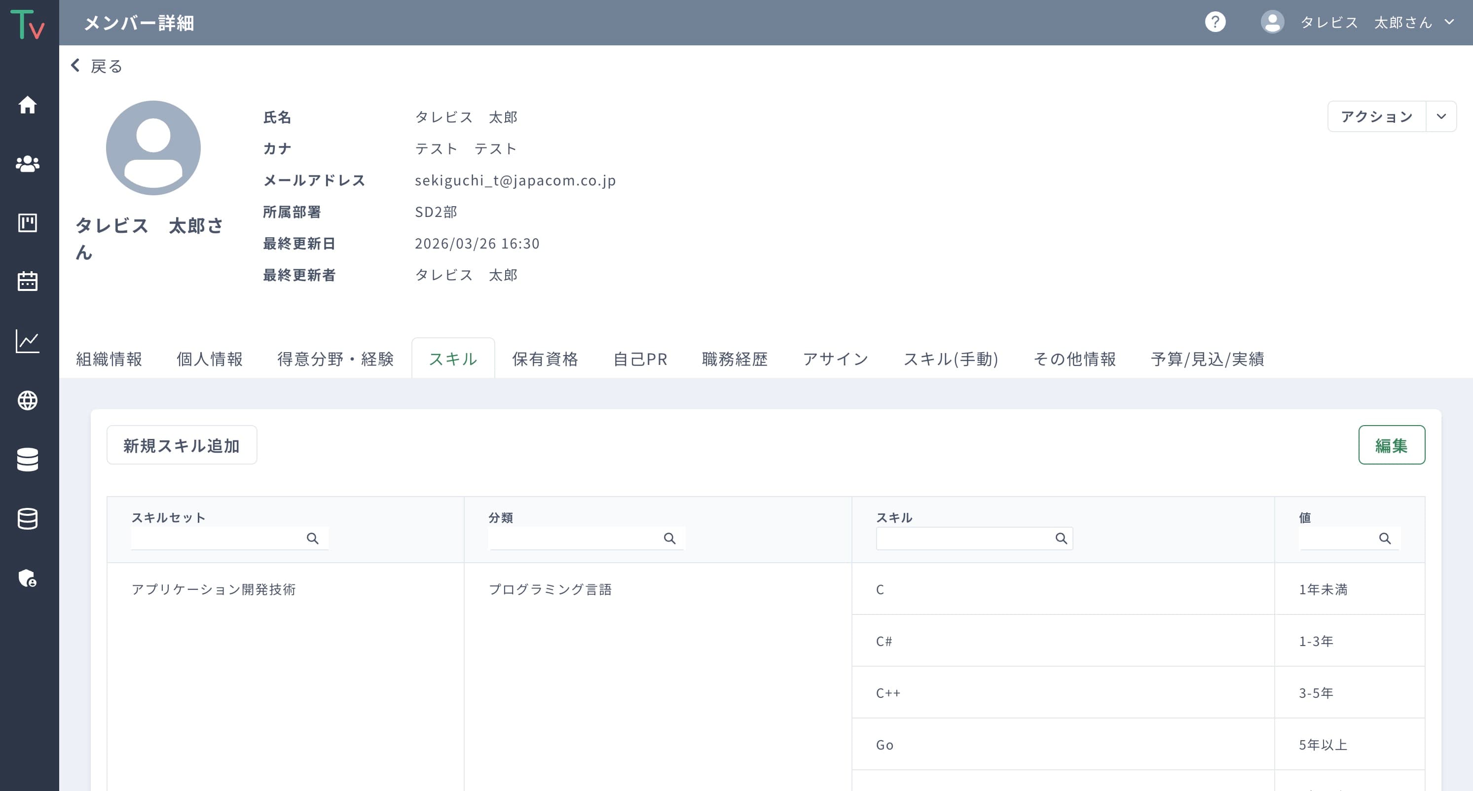 メンバー詳細とスキル情報を確認できる Talevis の画面